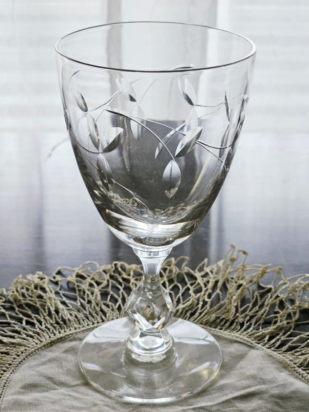 Tiffin Petite Floral Water Glass flower cut glass romantic 50s vtg sculpted stem